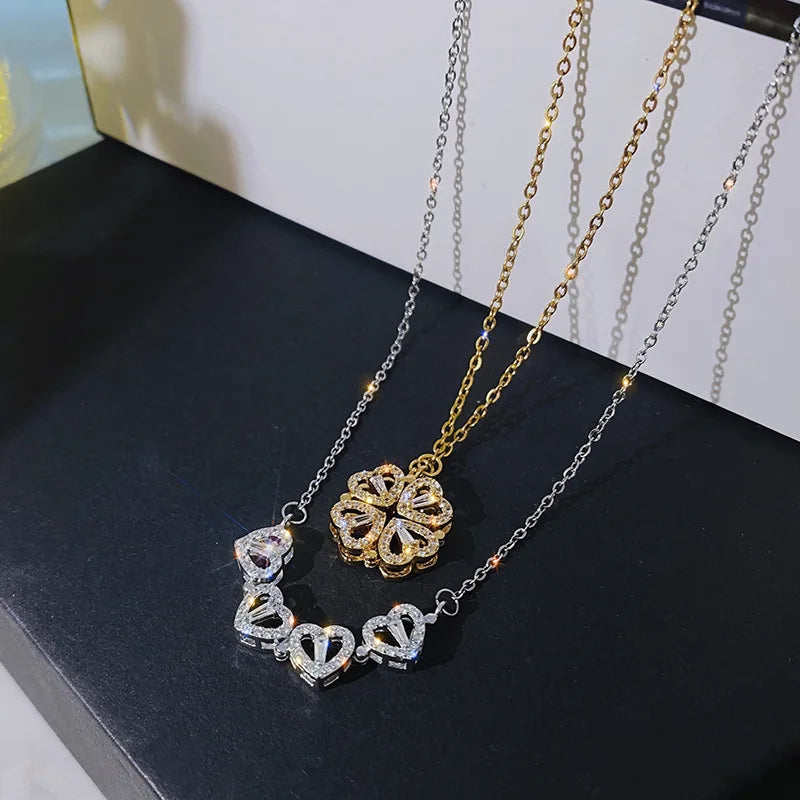 New Design Heart Four-leaf Clover Magnetic Pendant Necklace for Women Girls Fashion Zircon Titanium Steel Christmas Gift Jewe