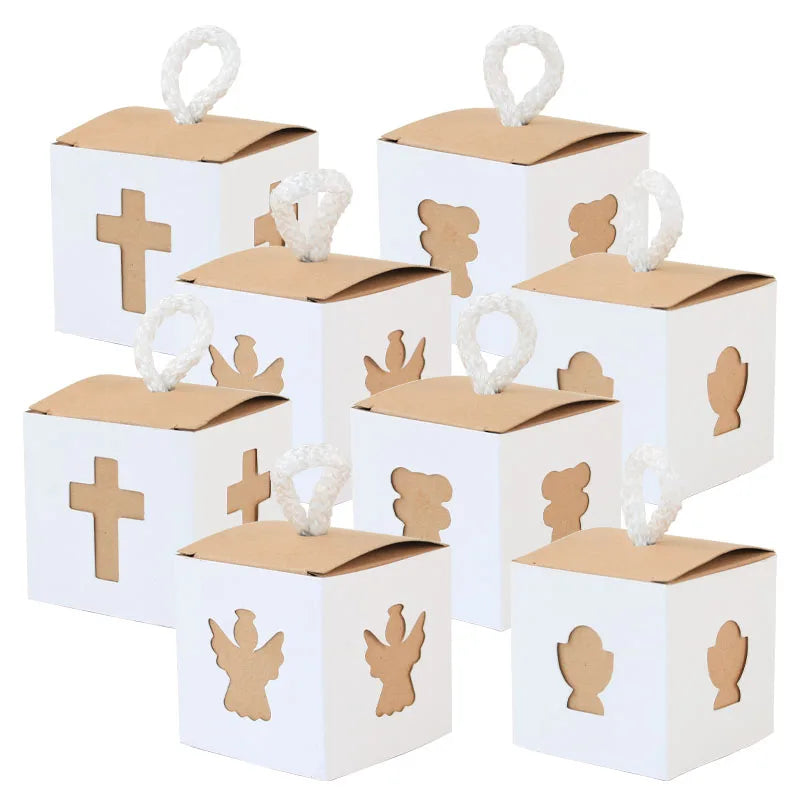 Christening Gift Box for Girls and Boys Baptism Religious Party Paper Favor Candy Gift Bags Cross Angel Design Kraft Paper Bo