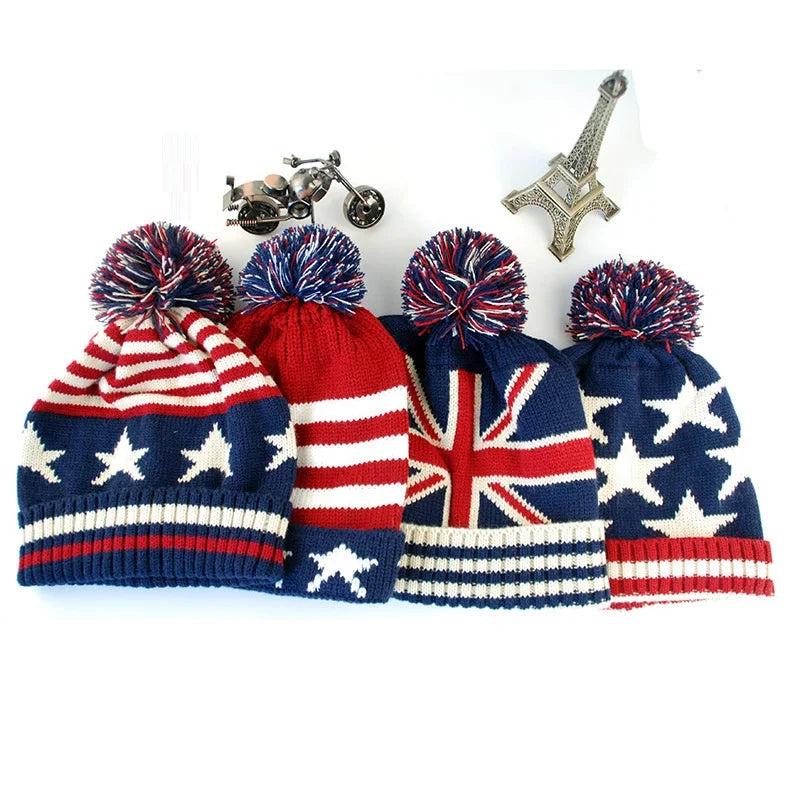 Winter Vintage Stars Stripe Knit USA Flag Beanie Skull Ski Pom Pom Hat Cap Wool Winter Warm Knitted Caps and Hats