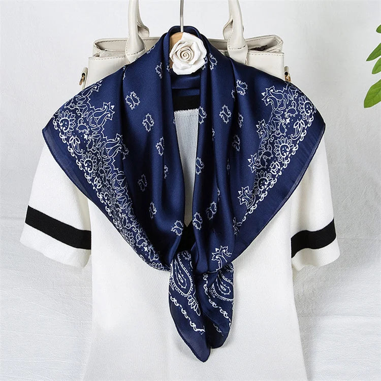 Premium Hijab 70*70CM Ladies Satin Square Head Scarves Custom Print Sun Screen Headscarf Cashew Elegant Shawls