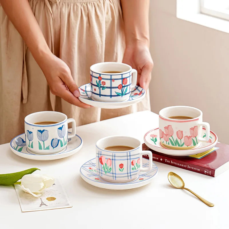 Pastoral Tulip Coffee Cup Saucer Retro Plaid Afternoon Tea Cup