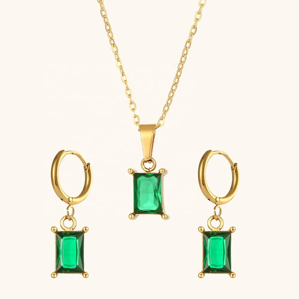Dingran Hot Selling Square Zircon Pendant Necklace and Earring Set Stainless Steel Waterproof Jewelry Set