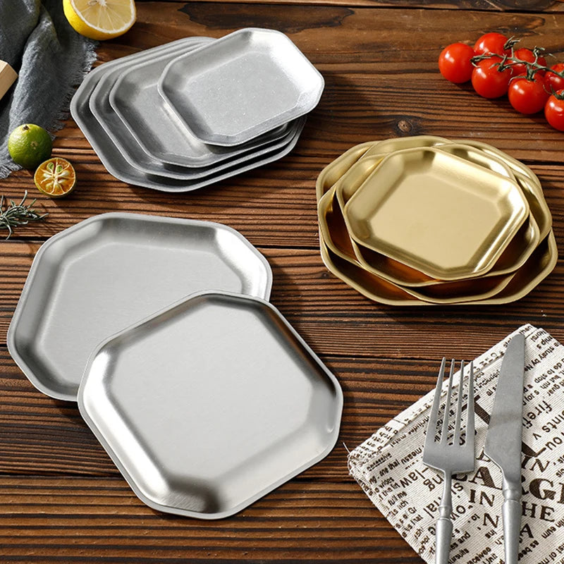 Retro Stainless Steel Plate Thickened Food Container Fruit Cake Bone Dish Korean Classical Plate Kitchen Restaurant Tableware