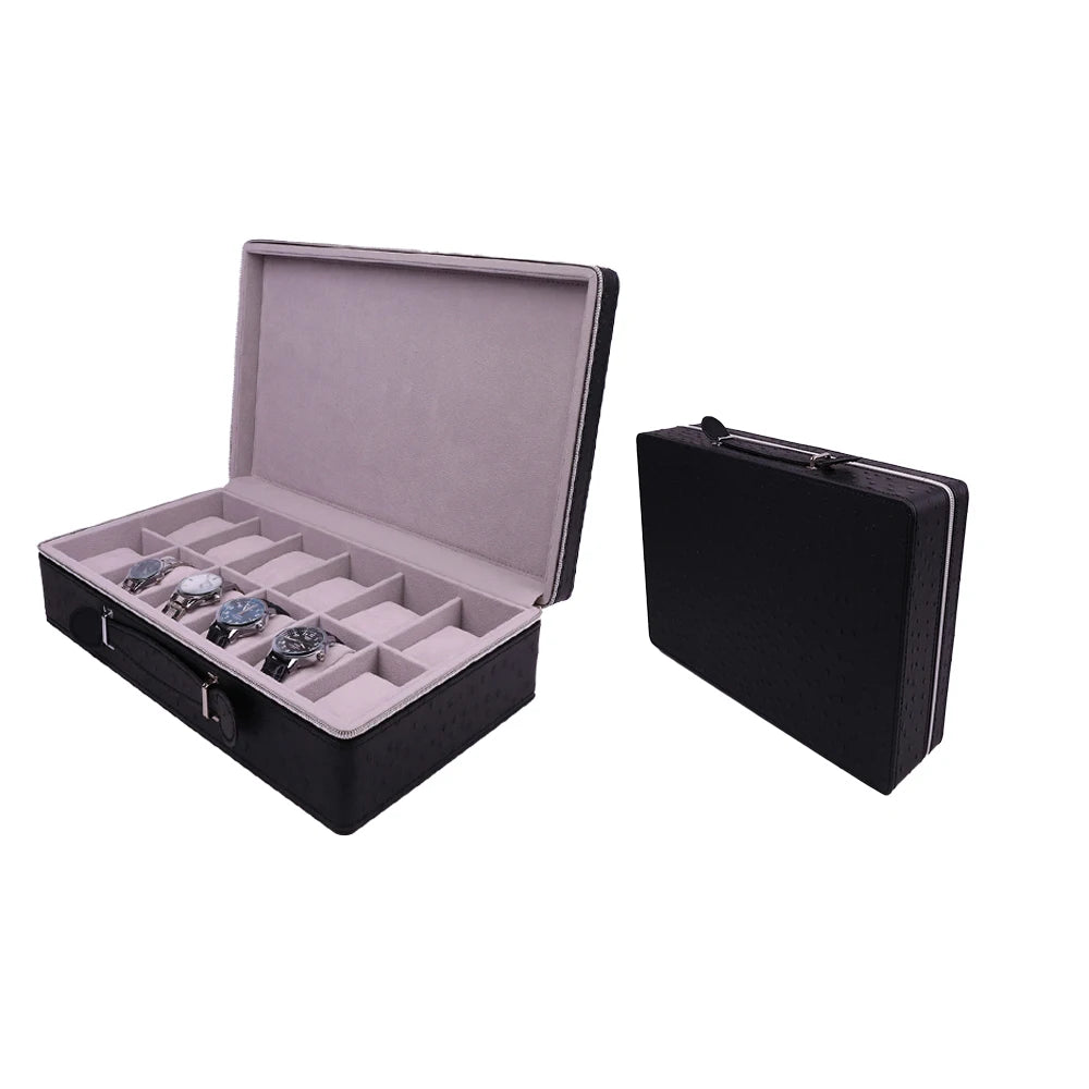 2024 Black PU Leatherette Watch Storage Organizer Case with Custom Logo Customizable Color Travel Handle Luxury 12 Slots