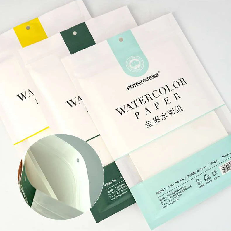 100% Cotton 300gsm Hot Press Zip Lock Bag 10sheets Potentate Artist Painting Drawing Watercolor Paper