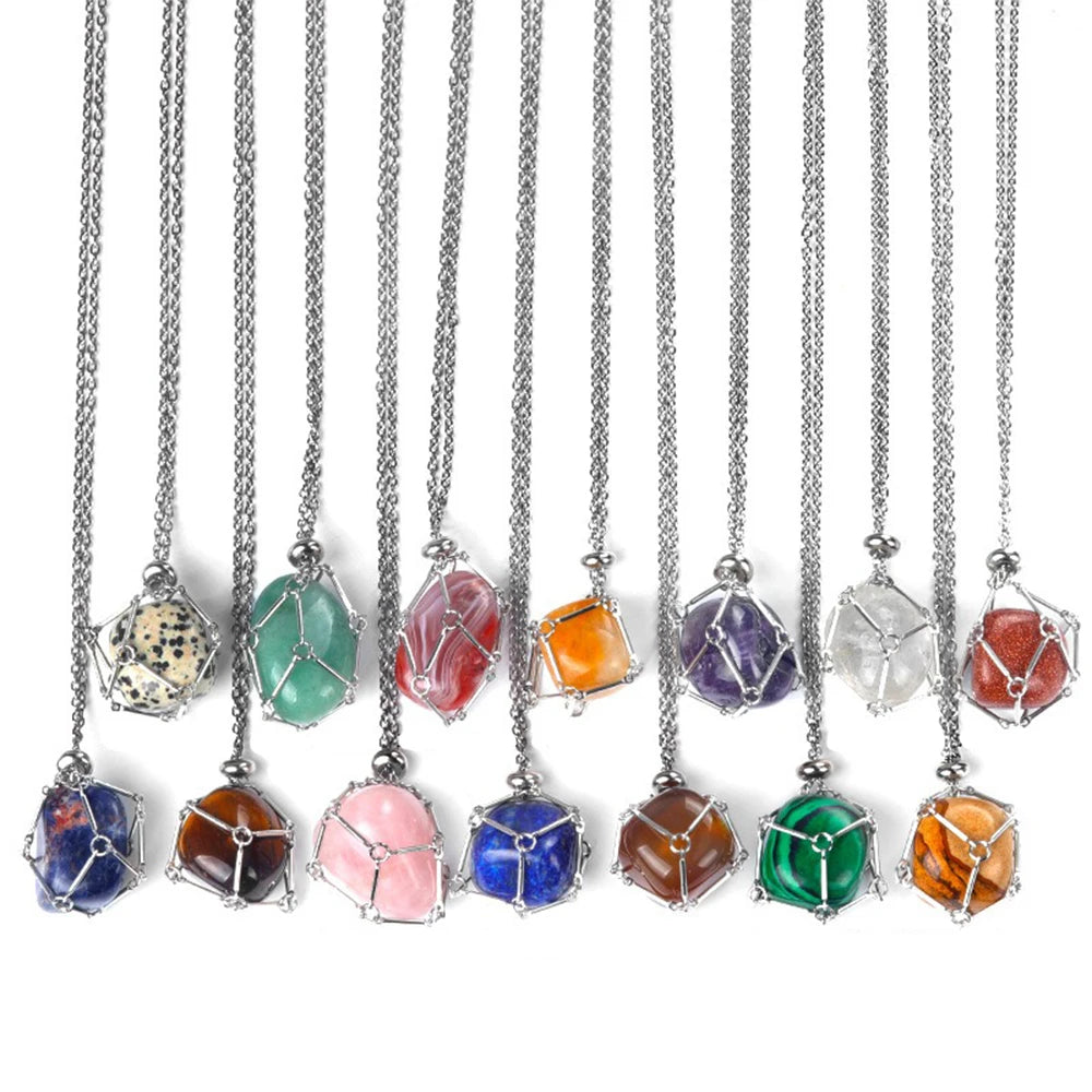 Polished Tumbled Stone Cage Pendant Necklace Adjustable Stainless Steel Irregular Natural Crystal Holder Necklace for Women