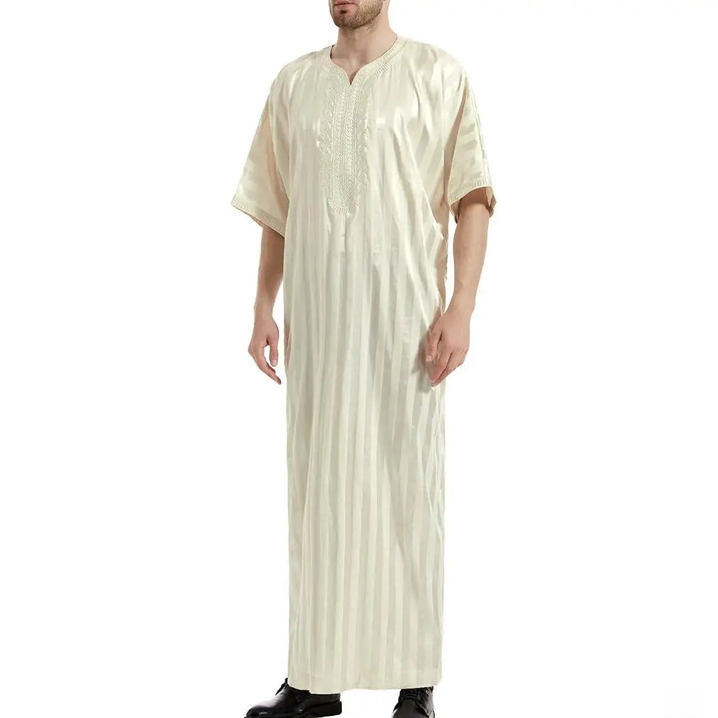 S-3XL Middle Eastern Muslim Men's Striped Mid Sleeved Embroidered Robe Short Sleeved V-neck Robe