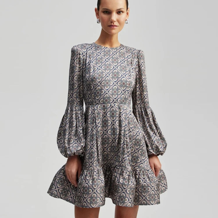 Fashion 2024 New Tea Party Clothing Crew Neck Puff Long Sleeve Spring Casual Printed Short Dresses Women Lady Elegant Vintage