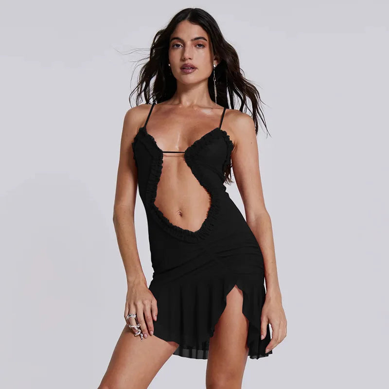 New Women Open Back Sexy Trendy Mesh Splicing Sling Waist Dress