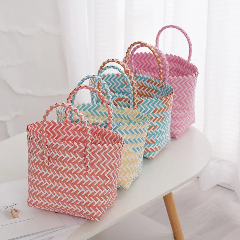 Summer Girls Hand Woven PP Open Bucket Handbag Waterproof Portable 1-1.9L No Strap Daily Use Cute Colorful Holiday Beach Bag