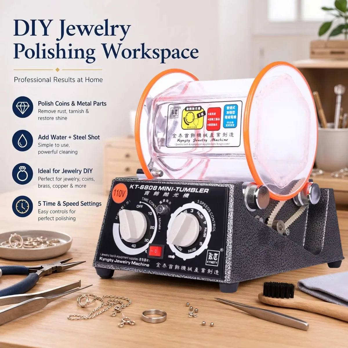 Kt-6808 Jewelry Polisher 3kg Capacity Mini Rotary Tumbler Machine With Timer Jewelry Polisher Finisher for Jewelry Stone