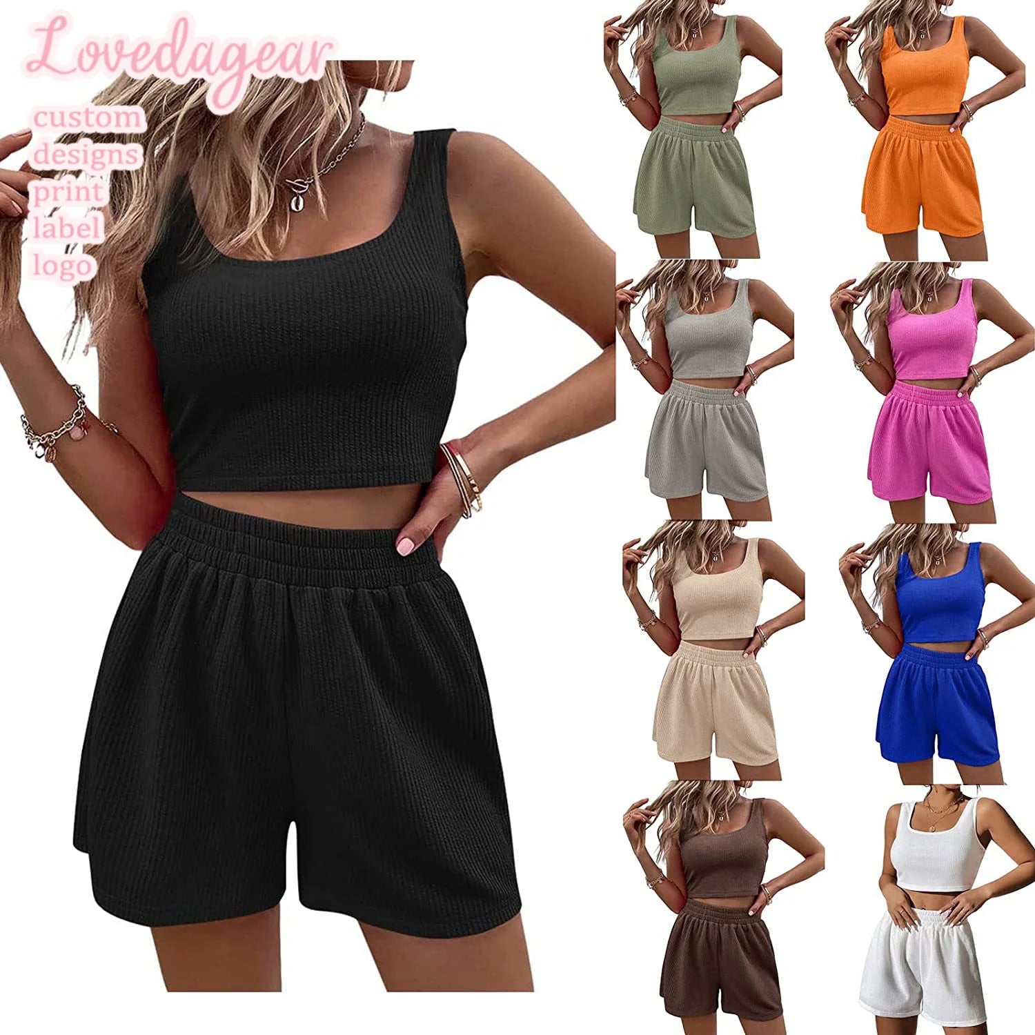 Loveda Custom Private Label Solid Ribbed Tank Tops and Shorts Set Black Elastic Striped Women Two Piece Outfits