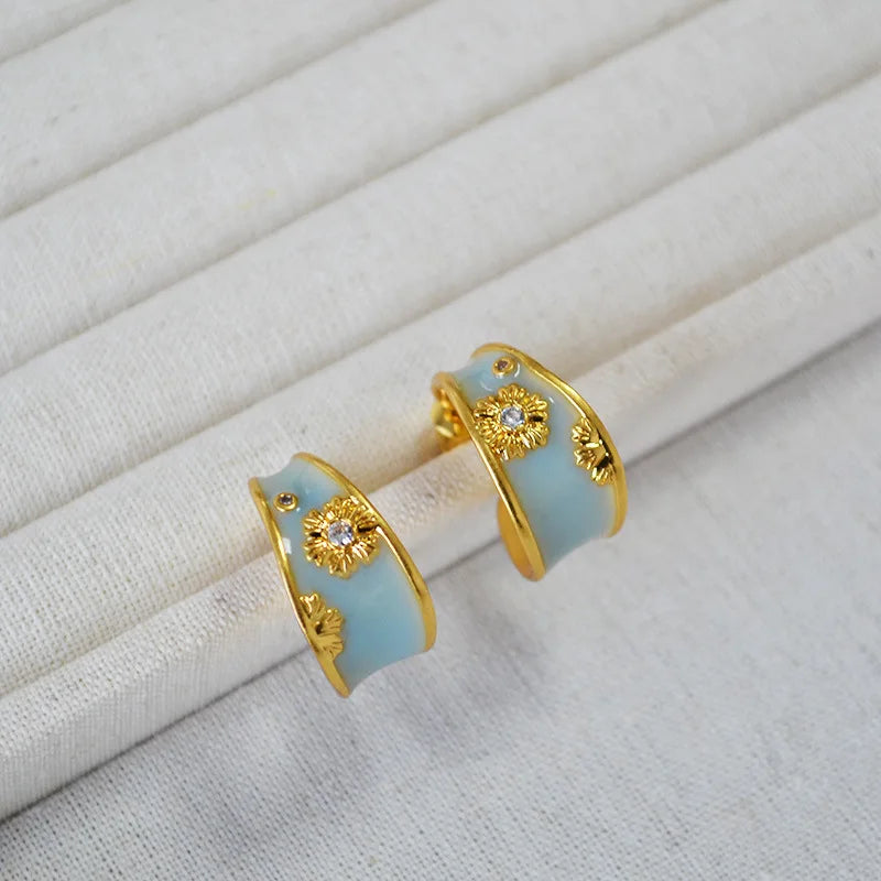 Beautiful French Vintage Style Enamel Charm Irregular C Stud Earrings for Women