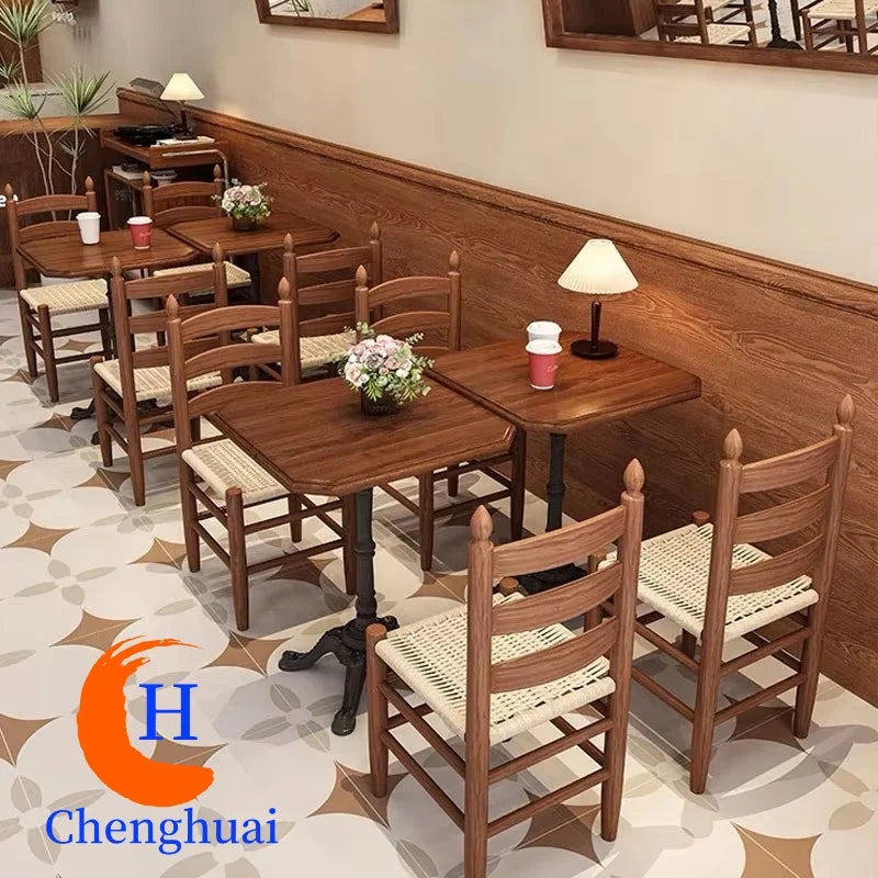 Restaurant Table and Chair Set Round Solid Wood Top with Black Iron Base Modern Dining Furniture for Cafe and Hotel