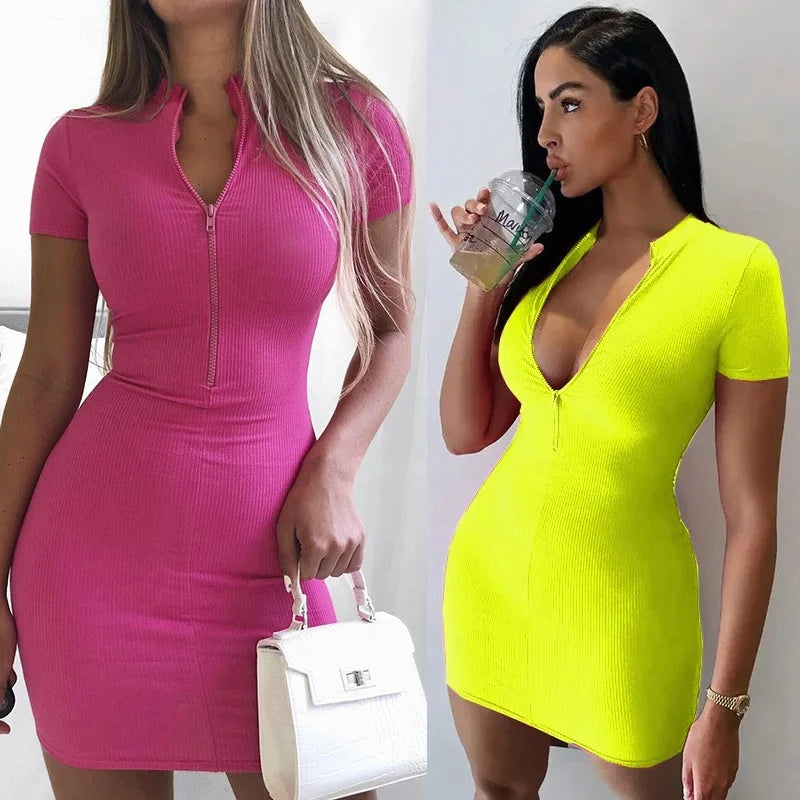 Casual Half Zipper Mini Dresses Ribbed Knit Strand Collar Sundress Stretch Wrap Skirt Fashion Tights Golf Clothes Short Dress