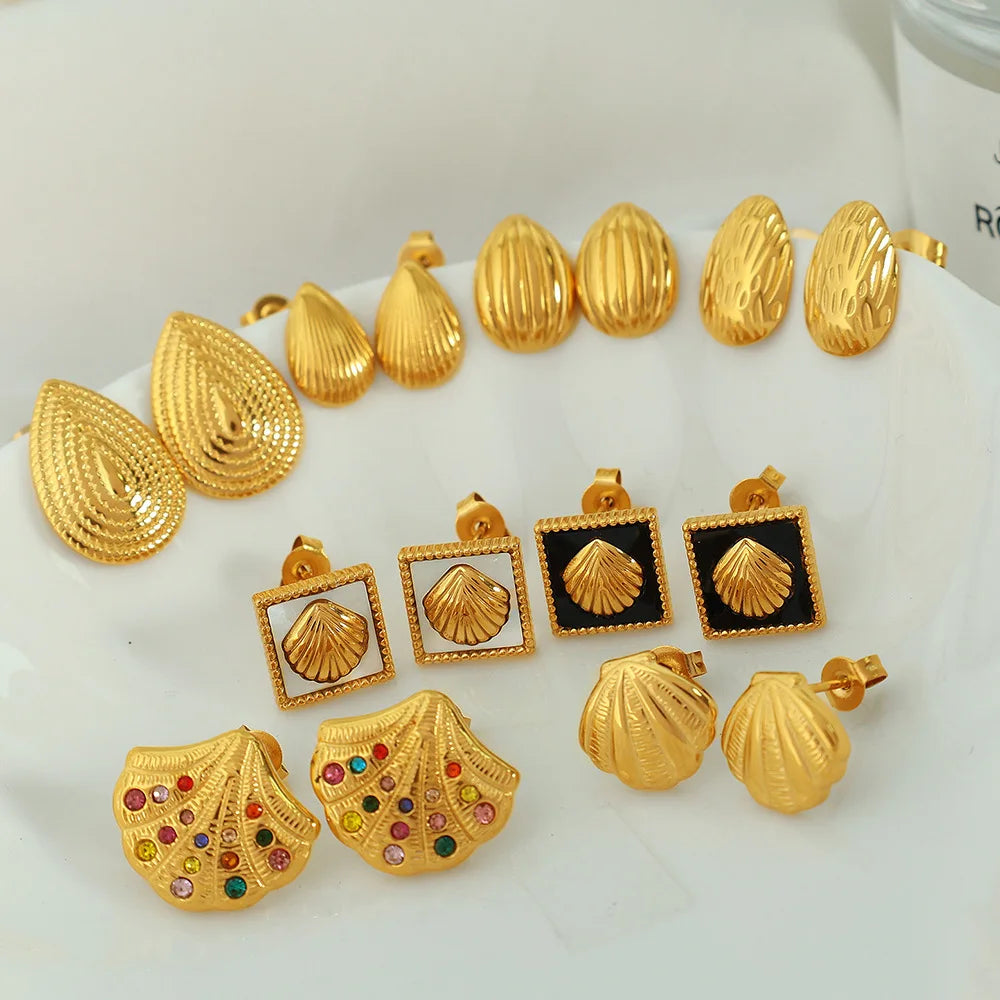 New Luxury Sea Style 18k Gold Plated Shell Shaped Stud Earrings Stainless Steel Zircon Earromgs for Women
