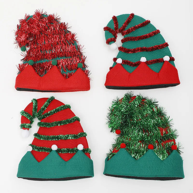 Hot Selling Led Christmas Elf Hat Tinsel Pom Pom Santa Helper Hat for Adults Kids Holiday Party