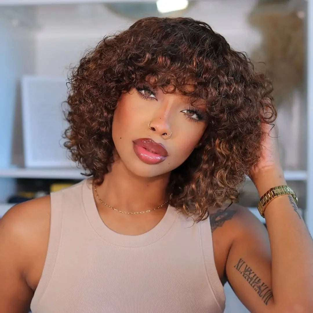 RTS Luxury Curl Bob Wig with Bangs Natural Wave & Straight Machine Made Virgin Remy Brazilian Human Hair for All Women