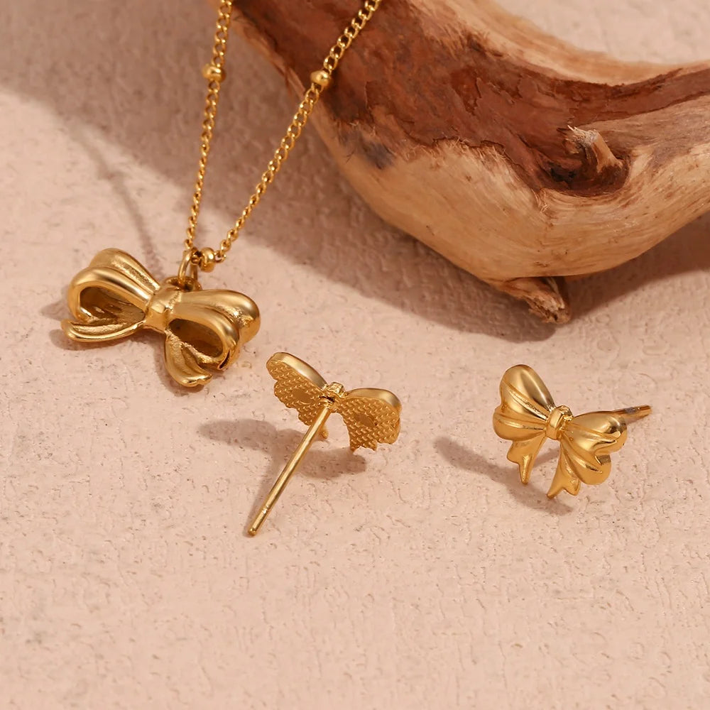Dreamshow Classical Bow Earring and Necklace Set 18K Gold Plated Jewelry Set Tarnish Free Pendant Necklace Stud Earrings