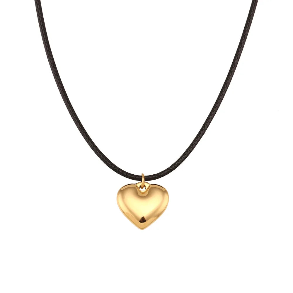 Waterproof Jewelry Heart Necklace Black Wax Waterproof 18K Gold Stainless Steel Chunky Heart Necklace for Women