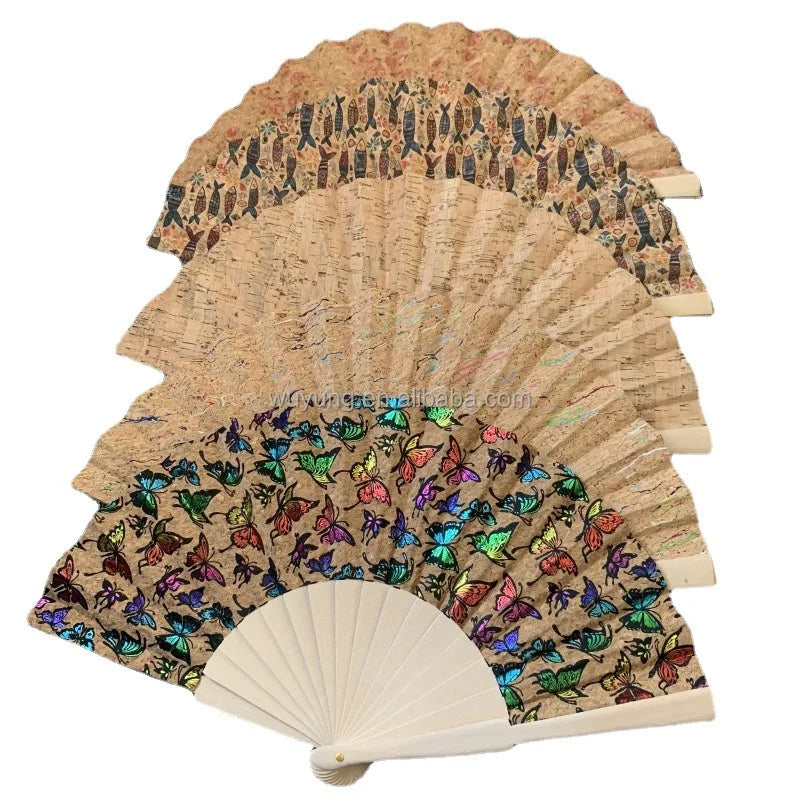 Wholesale 23cm Classic Retro Spanish Style Cork Hand Folding Fan Portable Wedding Gift in Wooden Bamboo with Bark Texture