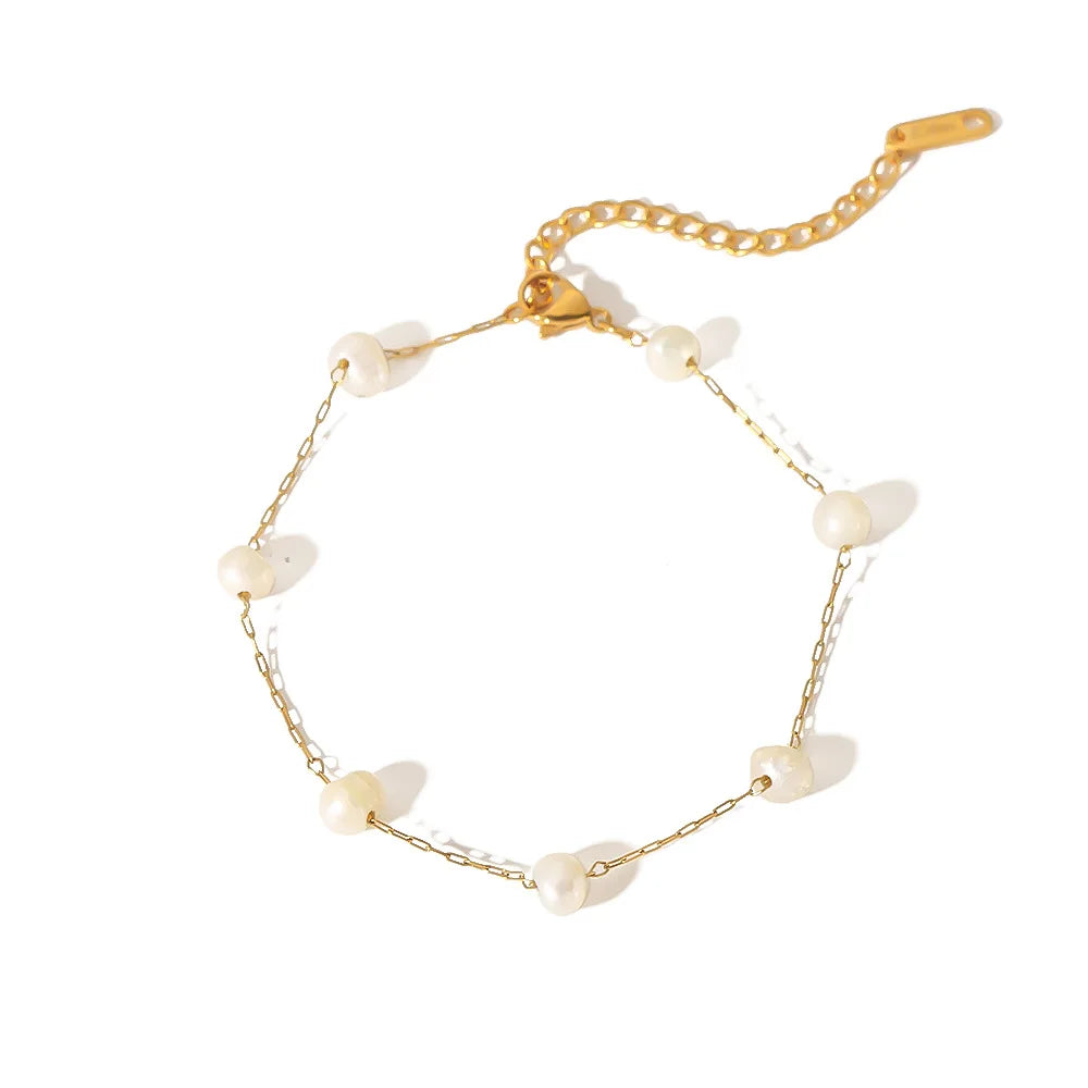 Hypoallergenic Jewelry Free Tarnishing Luxury 18K Gold Natural Freshwater Pearl Beads Stainless Steel Charm Bracelet for Wome