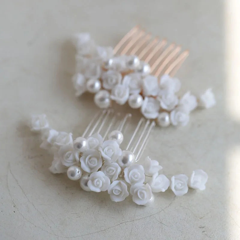 SLBRIDAL Handmade Ins Style Alloy Leaf Rhinestone Ceram Flower Pearls Bridal Hair Comb Wedding Hair Accessories Women Jewelry