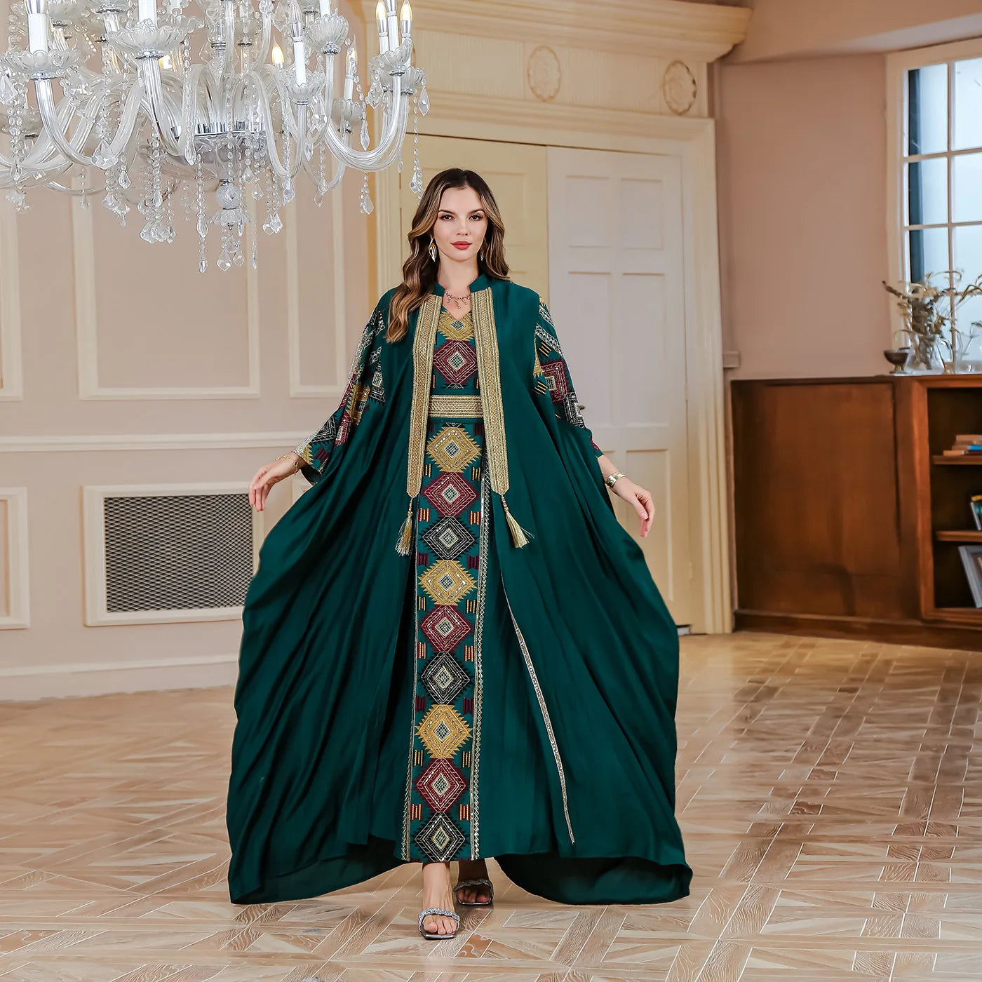 Fancy Dresses Embroidery Designs Muslim Dress With Inner Cardigan Open Abaya Turkey Women Dress