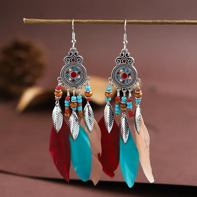 2024 New Summer  Holiday Boho Feather Earrings S925 Silver Hook Anti-allergy Vintage Tassel Drop Feather Earrings for Women