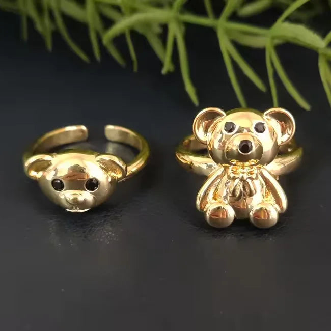 18K Gold Plated Cubic Zircon Ring Animal Jewelry Bear Adjustable Ring Micro Paved Cute Bear Shape Ring Girls Birthday Gift