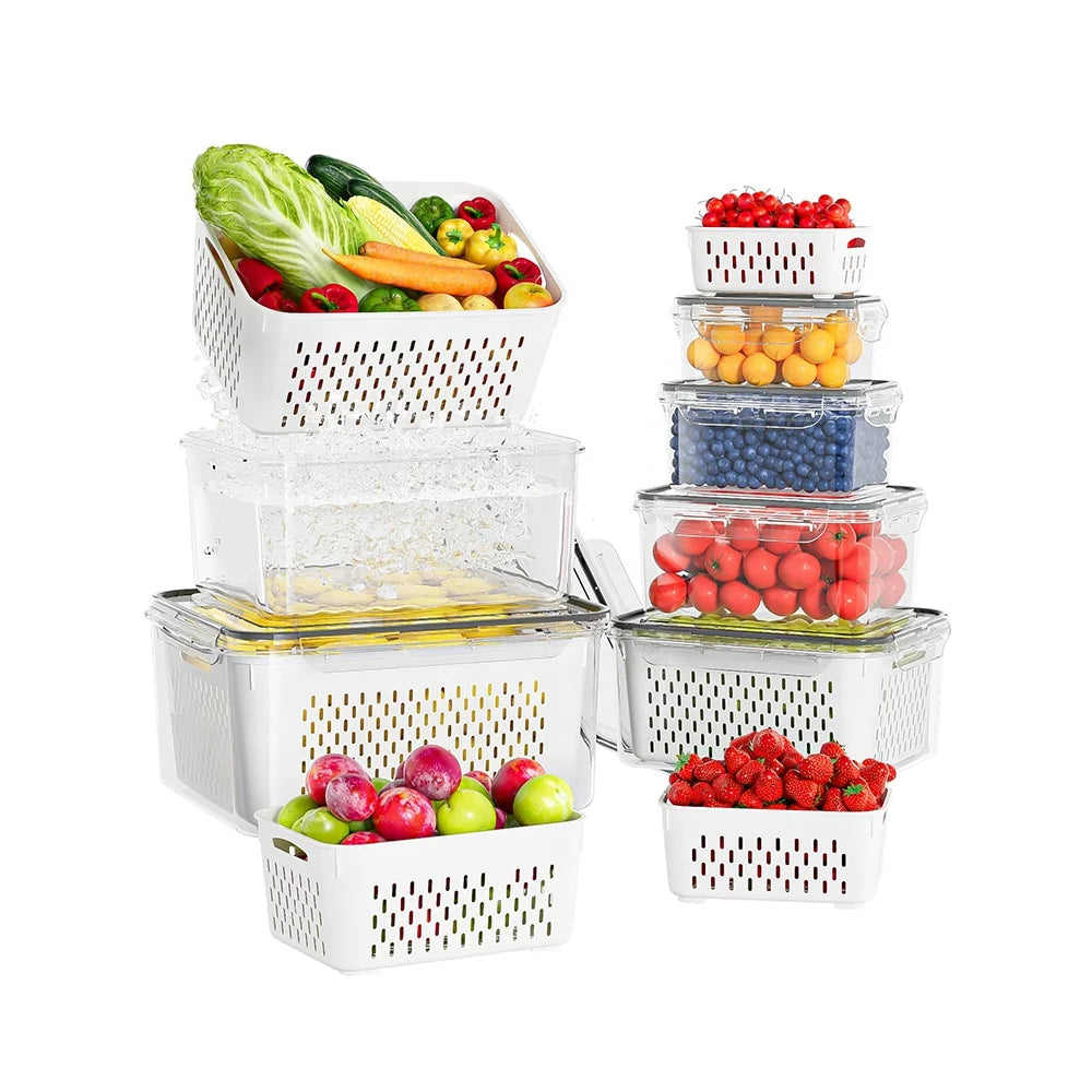 Fruits Storage Container for Fridge With Removable Colanders Plastic Fridge Storage Containers Organizer With Airtight Lids
