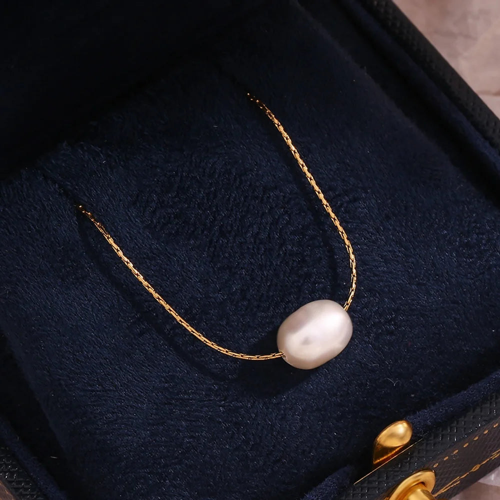 Dreamshow Minimalist Fresh Water Pearl Chain Necklace Gold Plated Stainless Steel Charm Necklace