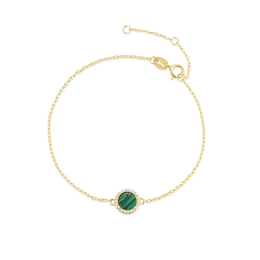 Fashion Jewelry 925 Sterling Silver Friendship Bracelets Round Circle Malachite Zircon Gold Plated Bracelets for Women