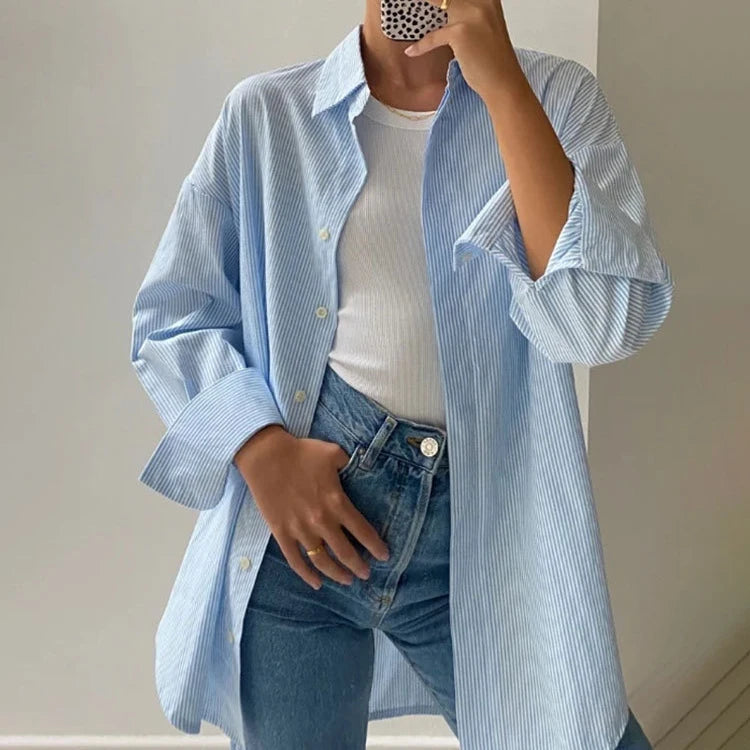 Enyami High Street Cozy Chic Pinstripe Printing Design Shirt Tops Office 100% Cotton Casual Long Sleeve Women Blouses
