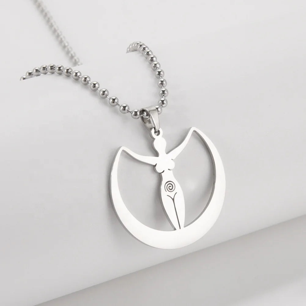 Vortex Moon Goddess Pendant Necklace for Women Men Stainless Steel Jewelry Beads Neck Chain Couple Friends Gifts