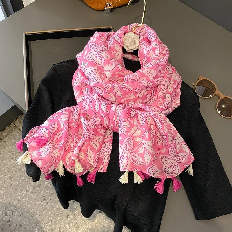 New Fancy Summer Bright Color Pink Flower Pattern Beach Wear Wraps Shawls Women Soft Viscose Cotton Floral Printed Scarves