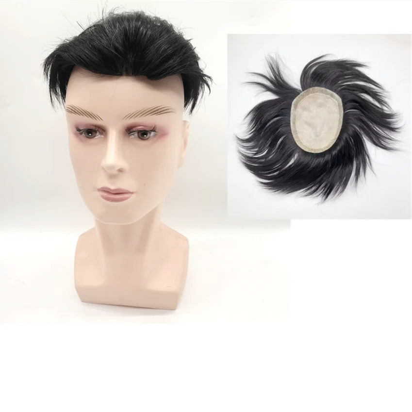 AU 110% Density Mans Hair Patch Male Prosthesis Silk Base Slicked-back Hair Toupee Human Hair Replacement Systems  for Men