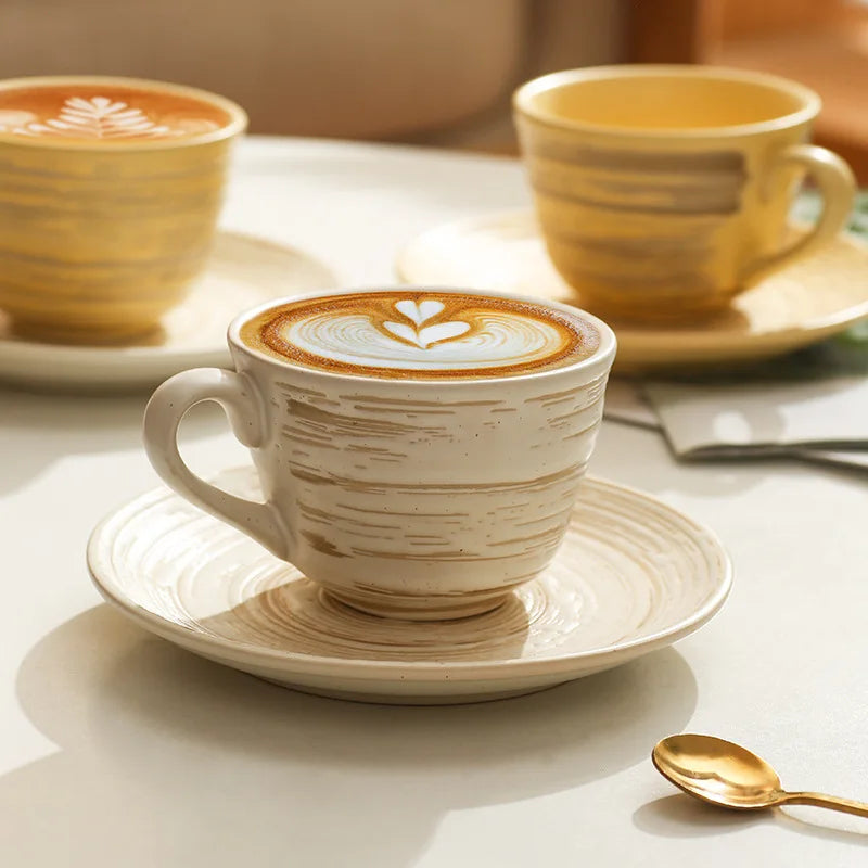 Wholesale Spiral Ceramic Mug Saucer Tea Cup Set Vintage Style Embossed Coarse Pottery Milk Espresso Afternoon Tea Cups