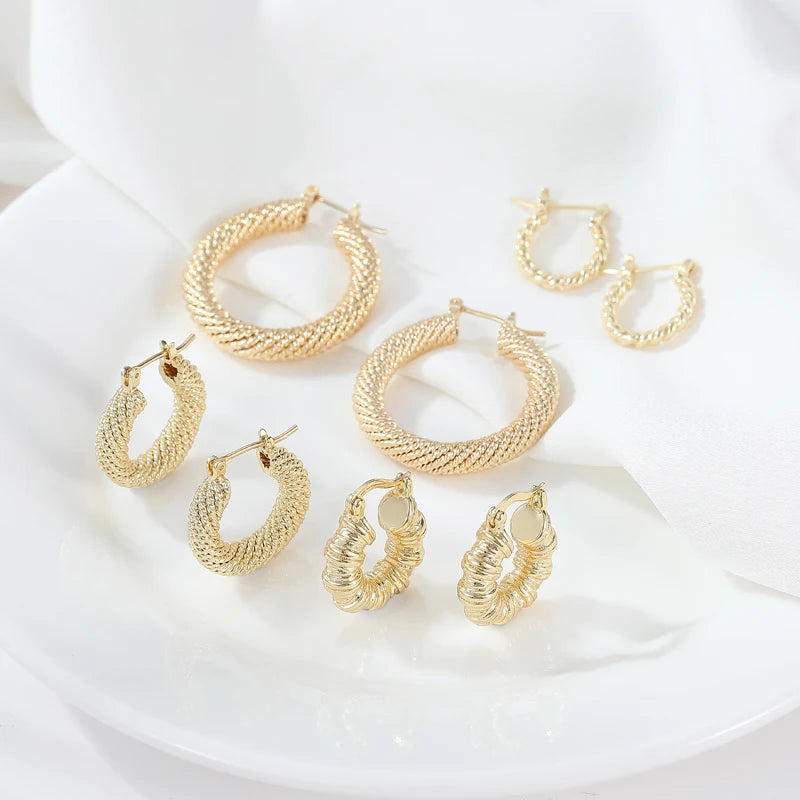 High Fashion Trendy Womens Zircon Geometric 14K Gold Plated Chunky Textured Hoop Earrings