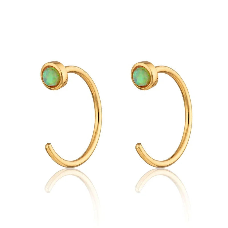 Milskye Handcrafted Jewelry 18k Gold Plated Sterling Silver Reverse Green Opal Open Huggie Earrings