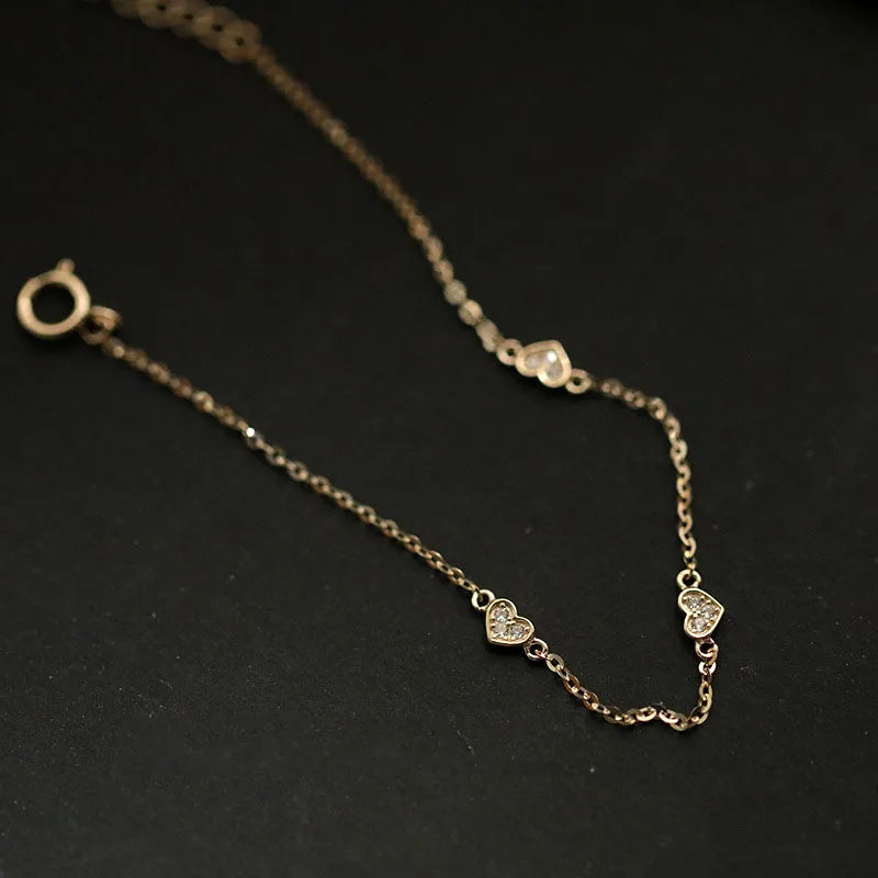 Cute INS Fashion 14K Gold Plated Pure 925 Sterling Silver Zircon Mini 3 Heart Charm Thin Chain Bracelets for Women Girls Jewe