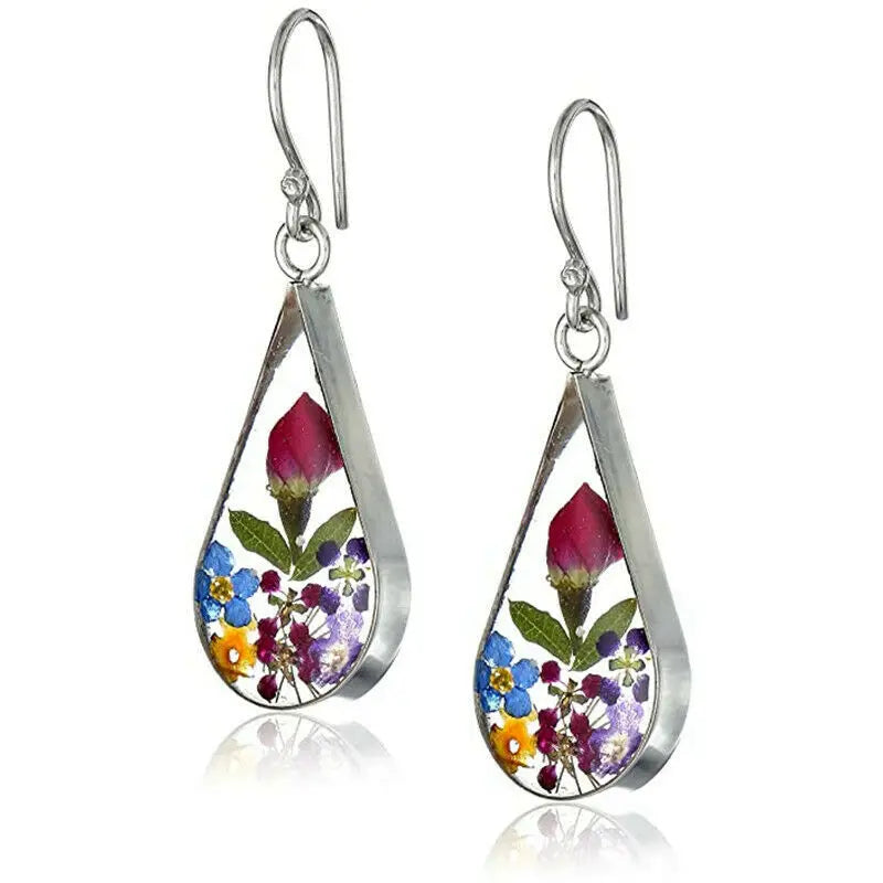 2023 Handmade Water Drop Shaped Resin Rose Dried Flower Earrings Small Jewelry Flower Earrings for Women