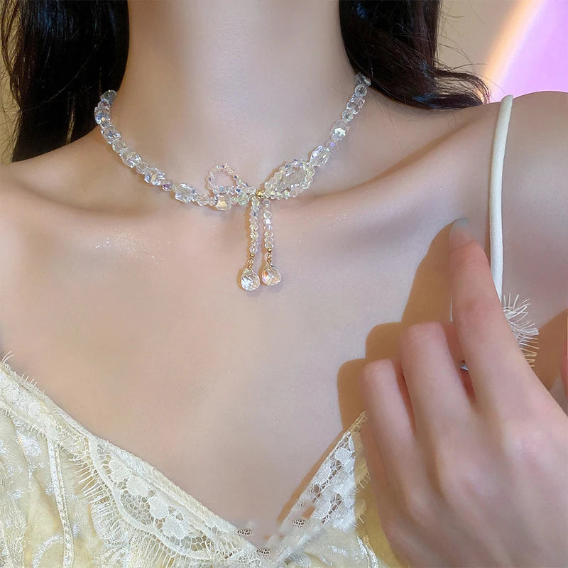 Summer Hot Selling Crystal Bow Necklace Women Fashion Bling Bling Clavicle Chain Ornaments Wedding Party Bow Necklace