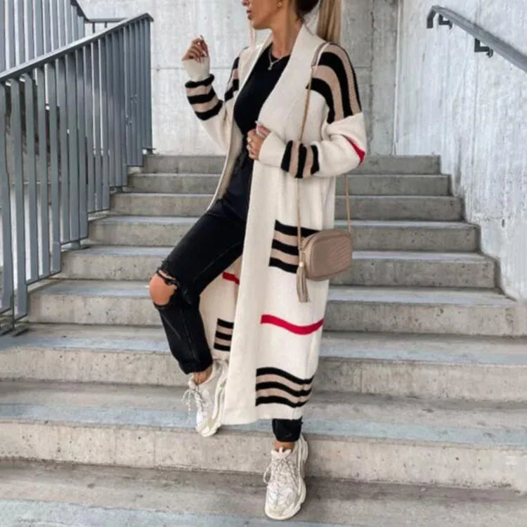 Vintage Knitted Cardigan Women Loose Striped Patchwork Long Outerwear Casual Long Sleeve Maxi Y2k Sweater Coat for Women