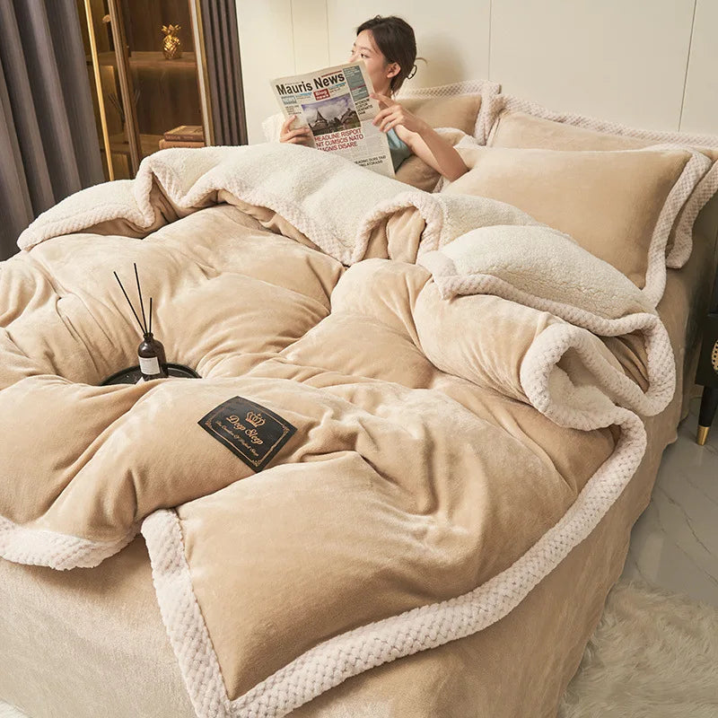 Fluffy Plush Polyester Fibre Eco-Friendly Modern Winter Padded Warm Milk Fleece Quilt Cover Sheet Bed Spread Blanket Bedding 