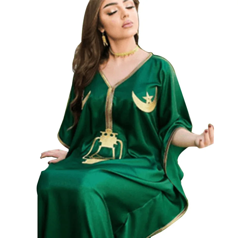 Plain Green Color Classic V Neck Moon Star Lamp Pattern Over Size batwing Sleeve Abaya Women Muslim Robe