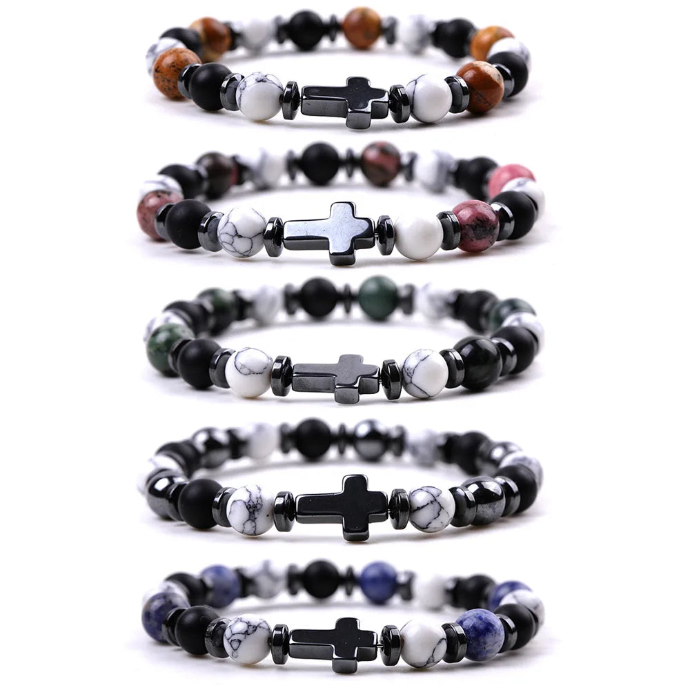 New Designs Ideas 2024 Fashion Gemstone Men Jewelry Hematite Cross Natural Stone Beaded Bracelet Man