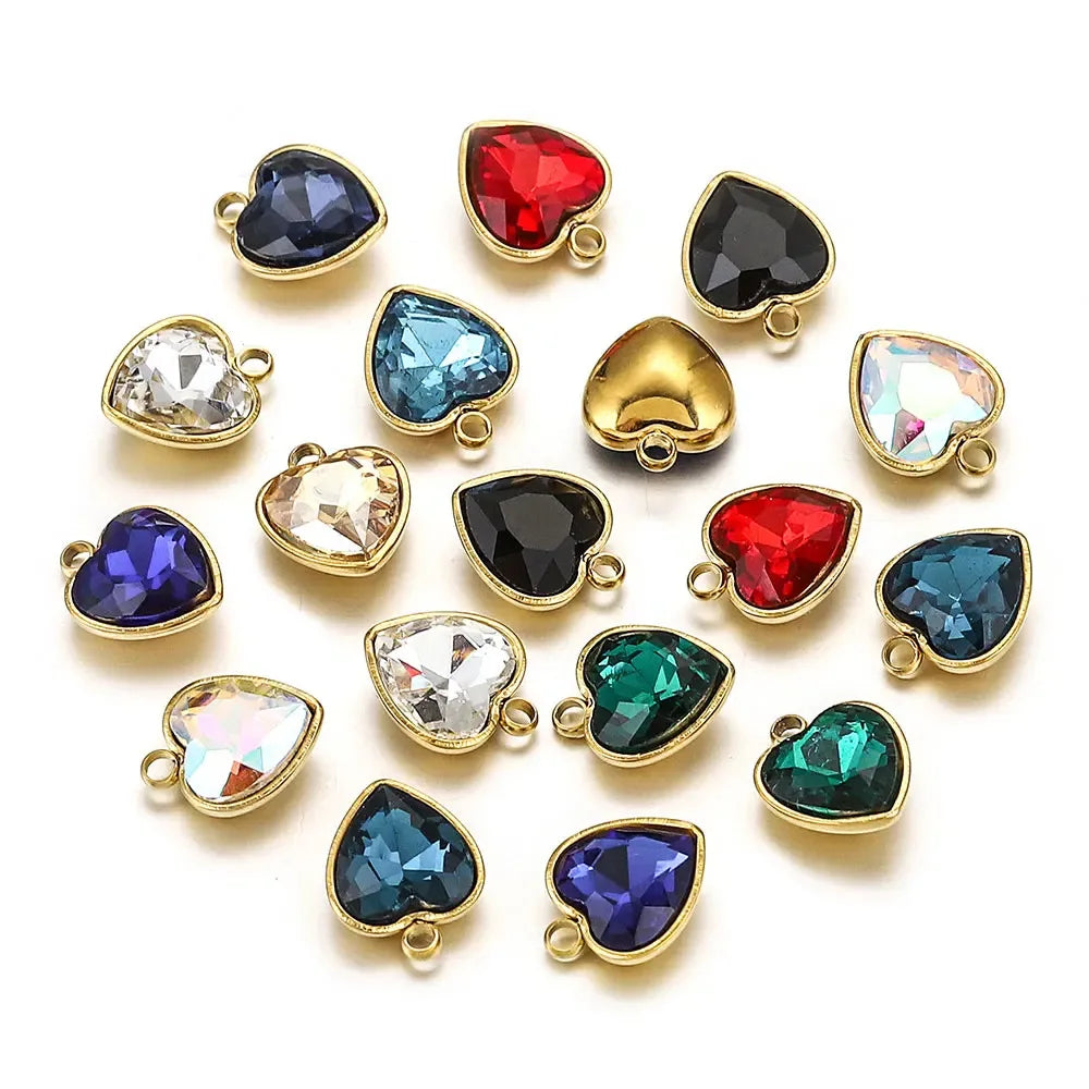 9mm 13mm Zircon Heart Pendant Waterproof 18k Gold Plated Stainless Steel Crystal Heart Charm for Jewelry Making