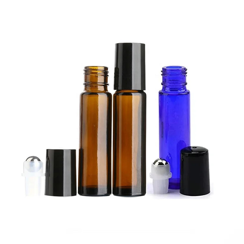 10ml Amber Blue Essential Oil Glass Roll on Bottle 10ml Thick Glass Roller Bottle With Black Cap and Stainless Steel Roller B
