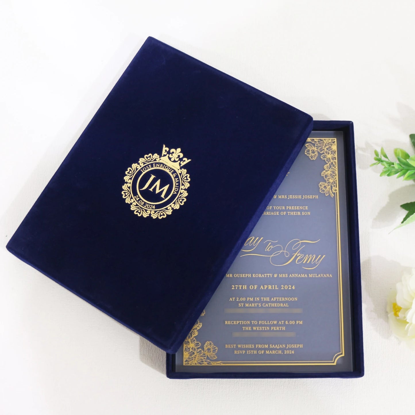 Luxury Gold Foil Transparent Acrylic Card Frosted Wedding Invite with Blue Box Gold Custom LOGO Wedding Invitation